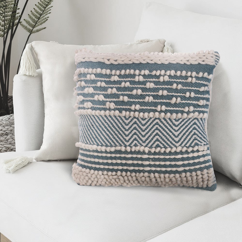 18 x 18 Handcrafted Cotton Accent Throw Pillows, Wavy Woven Pattern, Set of 2, Blue, White - UPT-273455