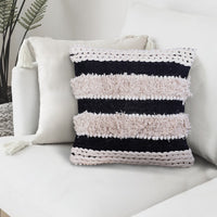 Adiv 18 x 18 Handcrafted Shaggy Cotton Accent Throw Pillows, Handknit Yarn, Set of 2, White, Black - UPT-273458