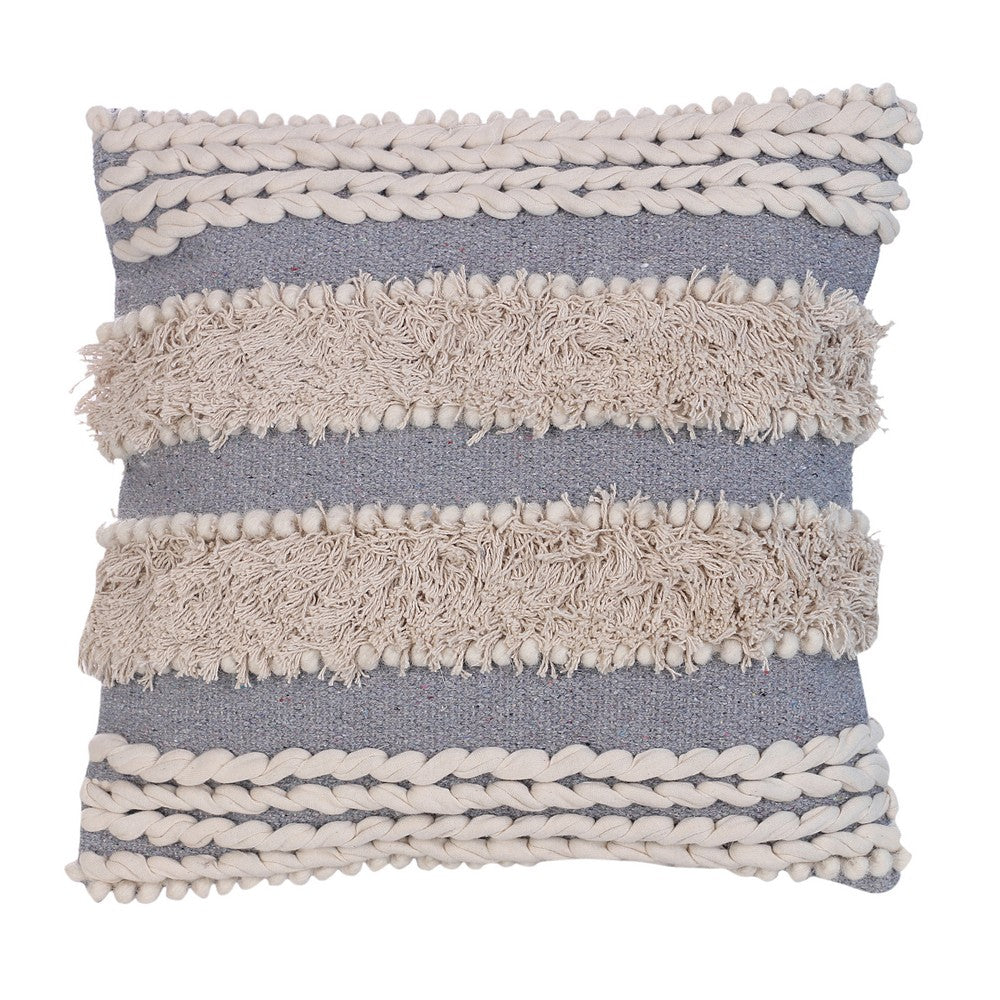 Adiv 18 x 18 Handcrafted Shaggy Cotton Accent Throw Pillows, Woven Yarn, Set of 2, Beige, Gray - UPT-273459