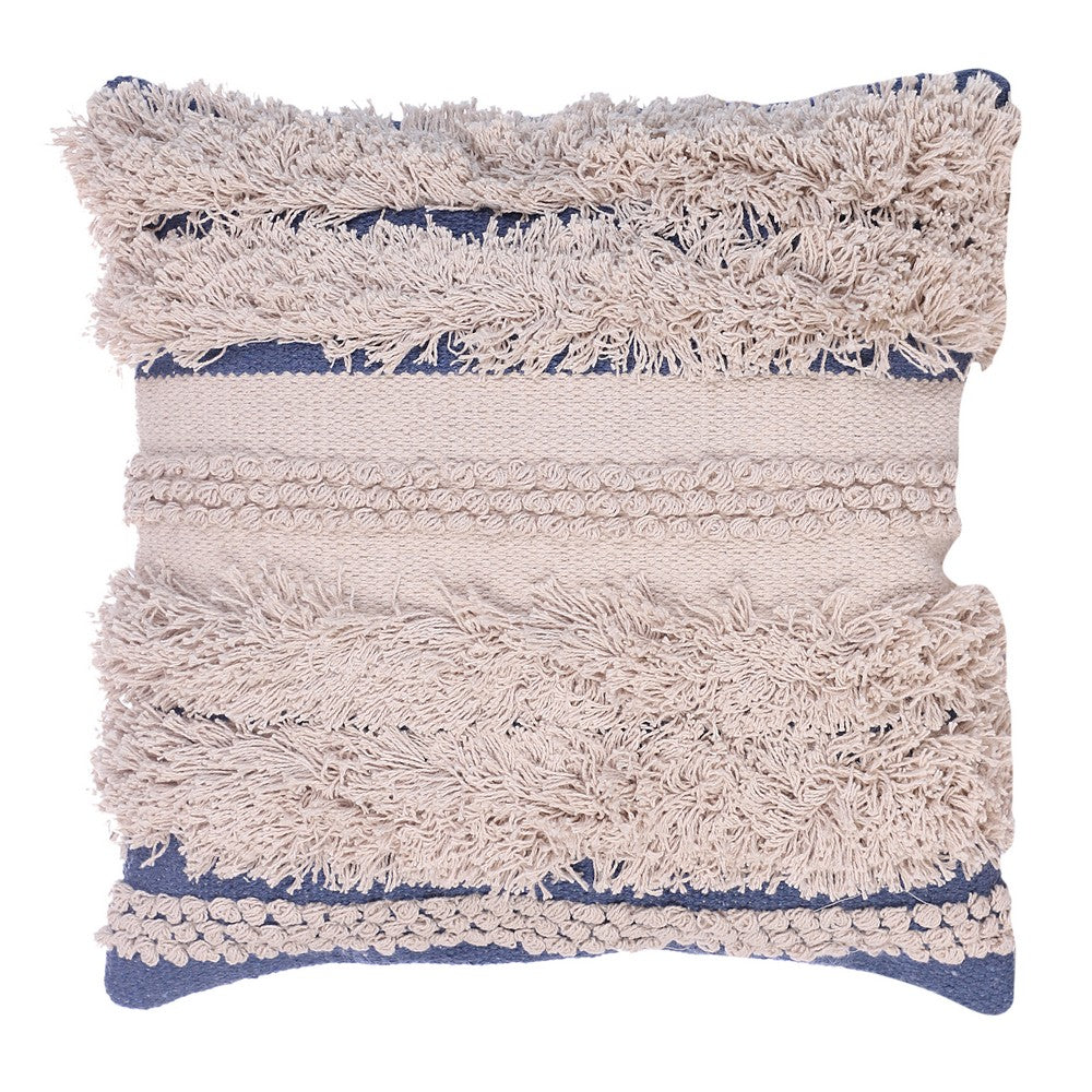 18 x 18 Handcrafted Shaggy Cotton Accent Throw Pillows, Woven Yarn, Set of 2, Beige, Blue - UPT-273460