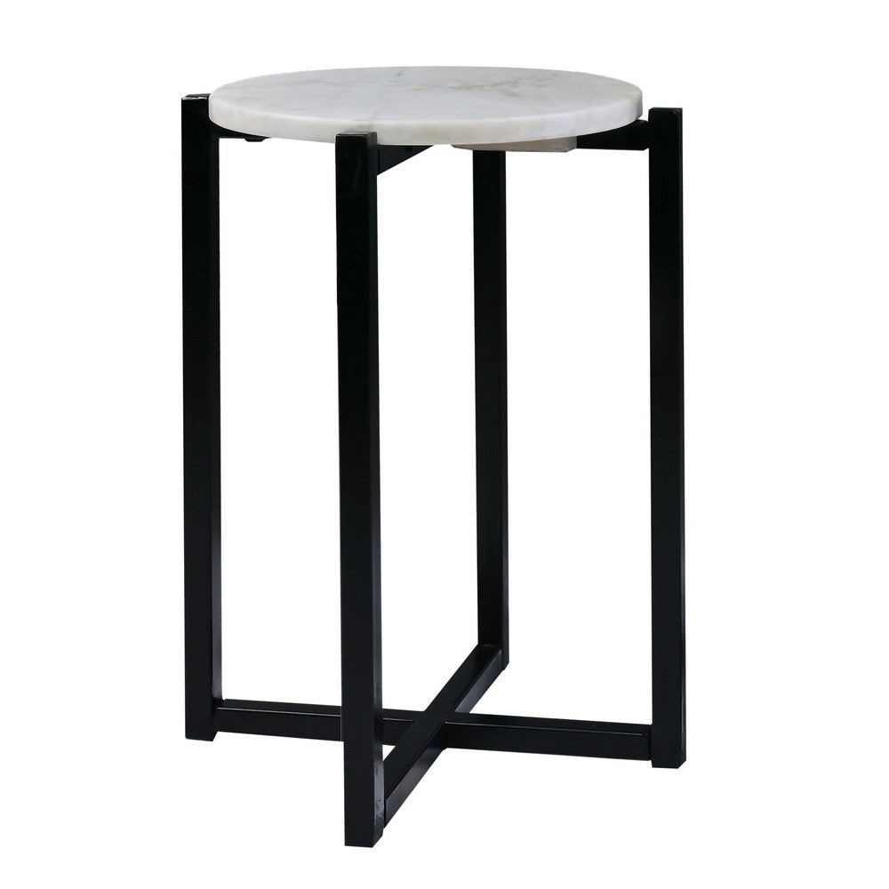 Ivy 18.5 Inch Marble Top Accent Round End Table with Metal Frame, White and Black - UPT-273467