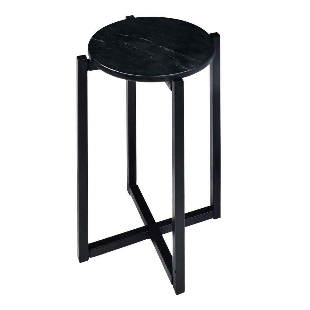 Ivy 18.5 Inch Marble Top Round Accent End Table with Metal Frame, Black - UPT-273468