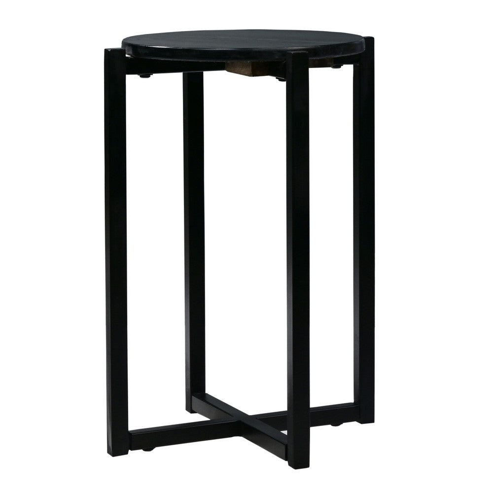 Ivy 18.5 Inch Marble Top Round Accent End Table with Metal Frame, Black - UPT-273468