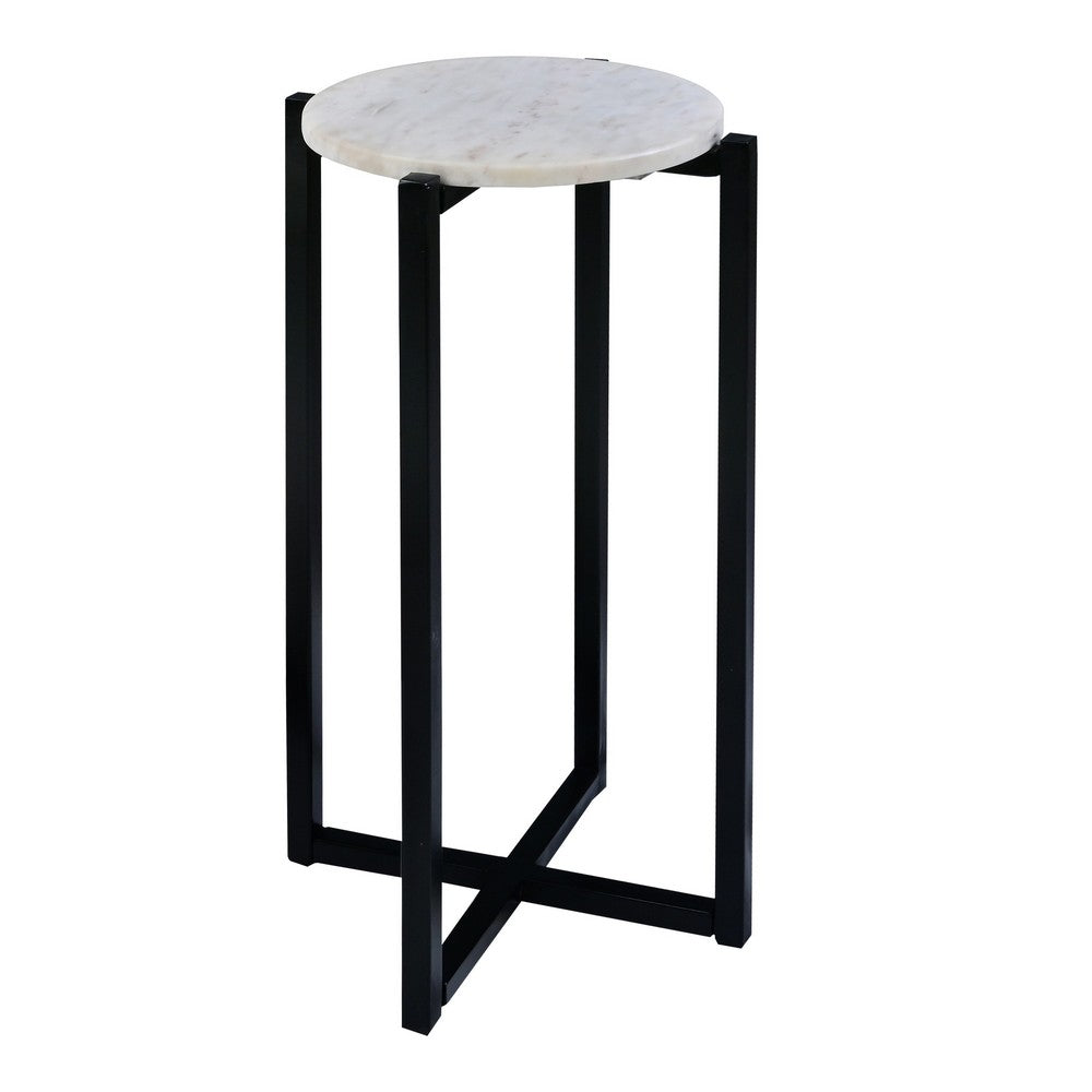 Ivy 24.5 Inch Marble Top Accent Round Side Table with Metal Frame, White and Black- UPT-273471