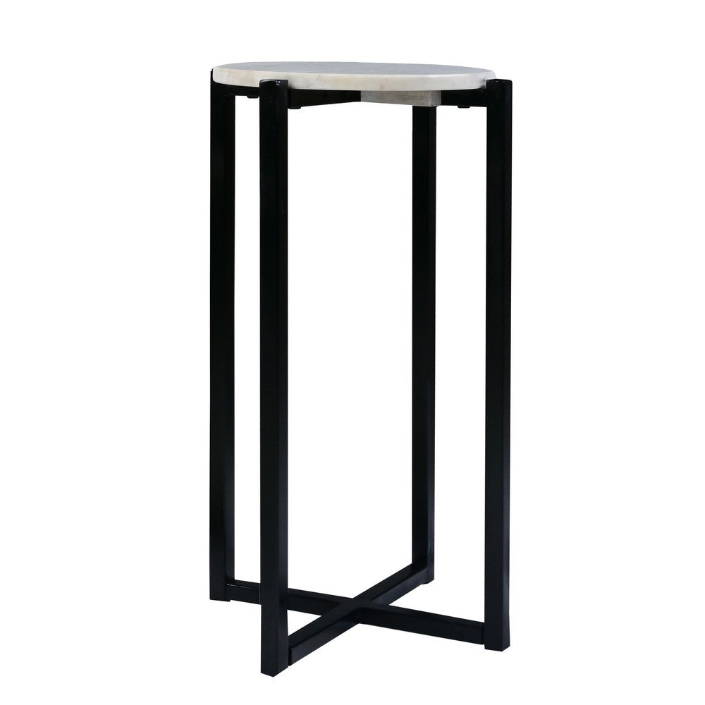 Ivy 24.5 Inch Marble Top Accent Round Side Table with Metal Frame, White and Black- UPT-273471