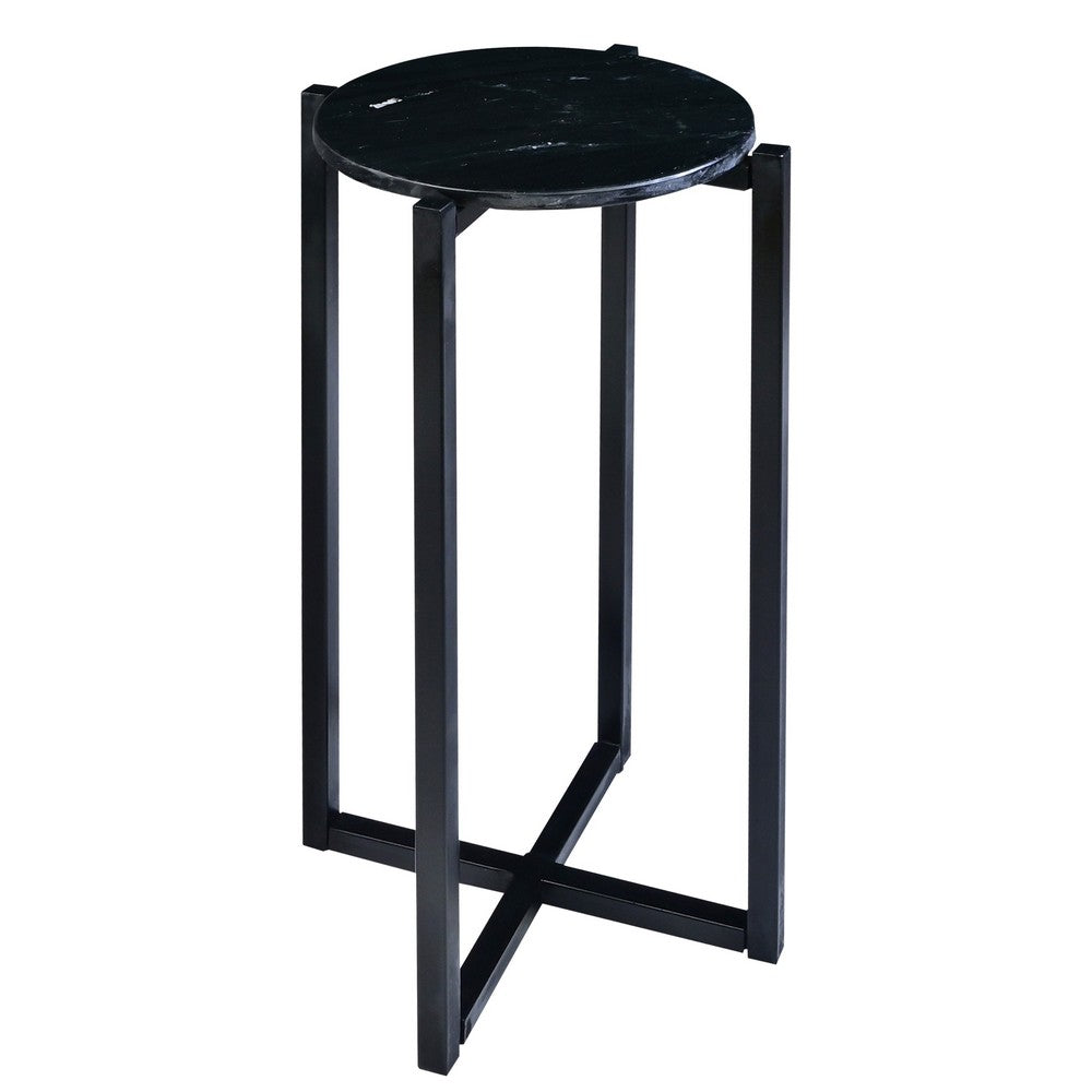 Ivy 24.5 Inch Round Marble Top Accent Side Table with Metal Frame, Black - UPT-273472