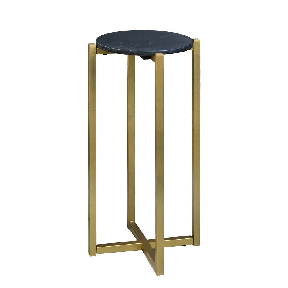 Ivy 24.5 Inch Marble Top Accent Round Side Table with Metal Frame, Black and Gold - UPT-273473