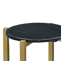 Ivy 24.5 Inch Marble Top Accent Round Side Table with Metal Frame, Black and Gold - UPT-273473