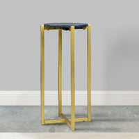 Ivy 24.5 Inch Marble Top Accent Round Side Table with Metal Frame, Black and Gold - UPT-273473