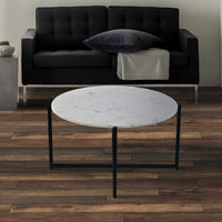 Ivy 30 Inch Marble Top Round Coffee Table with Metal Frame, White and Black - UPT-273474