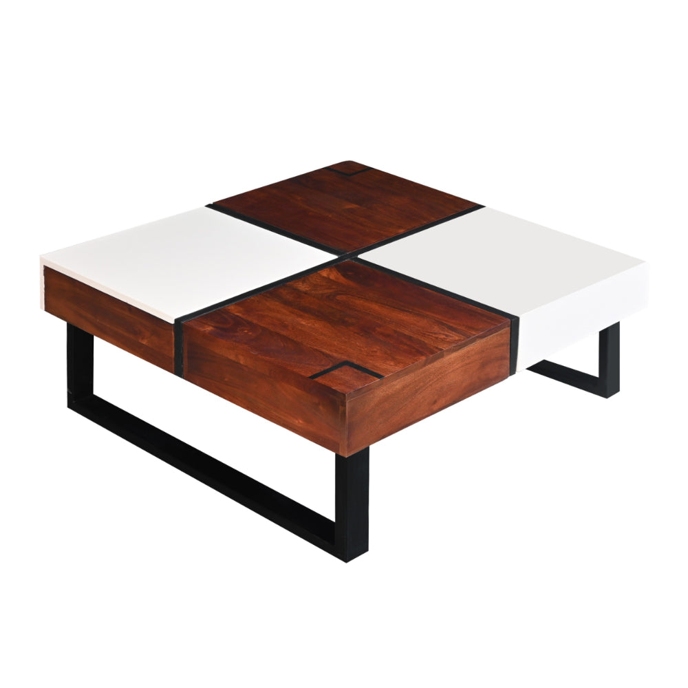 Byron 35 Inch Acacia Wood Square Coffee Table, 2 Slide Out Storage, White, Mahogany Brown - UPT-273477