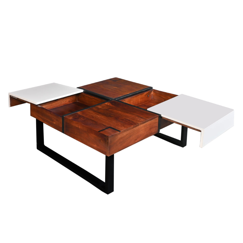 Byron 35 Inch Acacia Wood Square Coffee Table, 2 Slide Out Storage, White, Mahogany Brown - UPT-273477