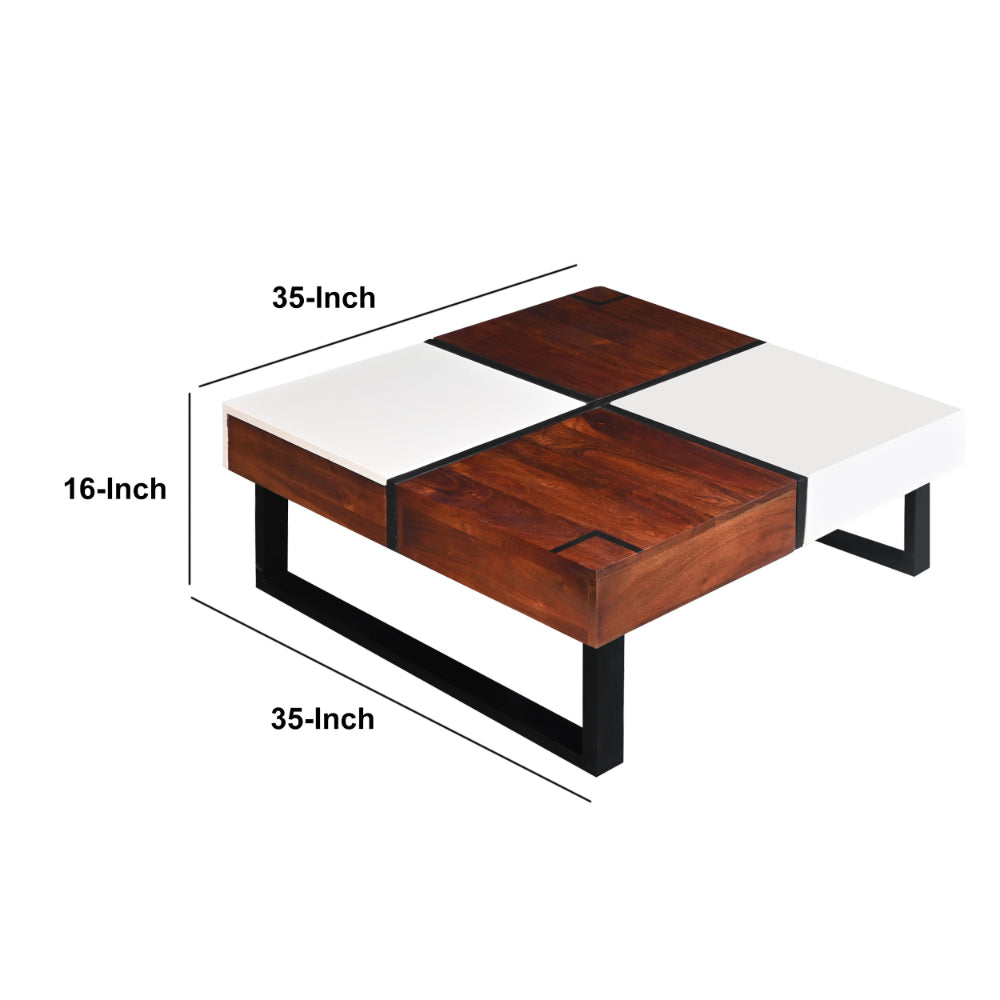 Byron 35 Inch Acacia Wood Square Coffee Table, 2 Slide Out Storage, White, Mahogany Brown - UPT-273477