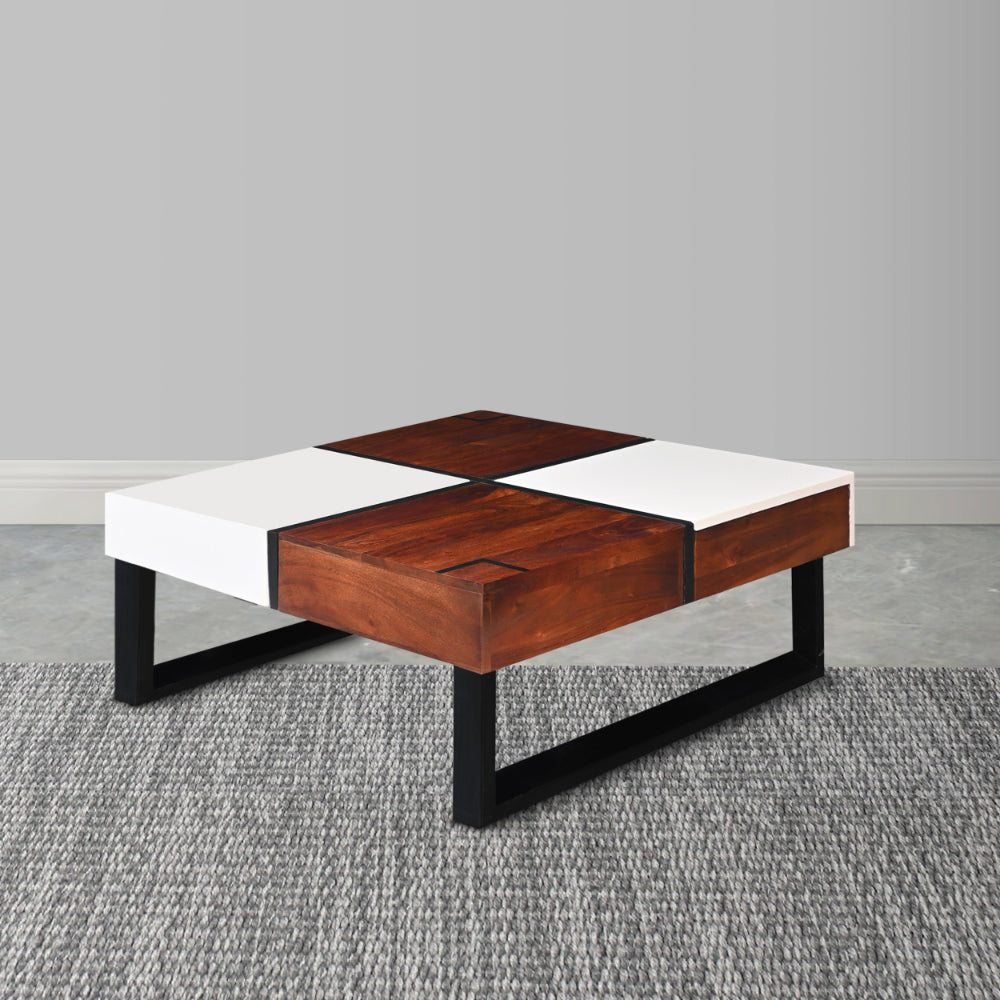 Byron 35 Inch Acacia Wood Square Coffee Table, 2 Slide Out Storage, White, Mahogany Brown - UPT-273477