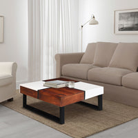 Byron 35 Inch Acacia Wood Square Coffee Table, 2 Slide Out Storage, White, Mahogany Brown - UPT-273477