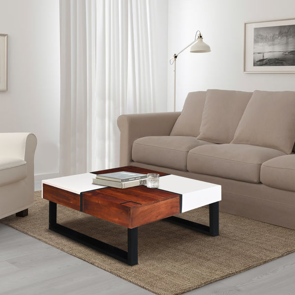 Byron 35 Inch Acacia Wood Square Coffee Table, 2 Slide Out Storage, White, Mahogany Brown - UPT-273477