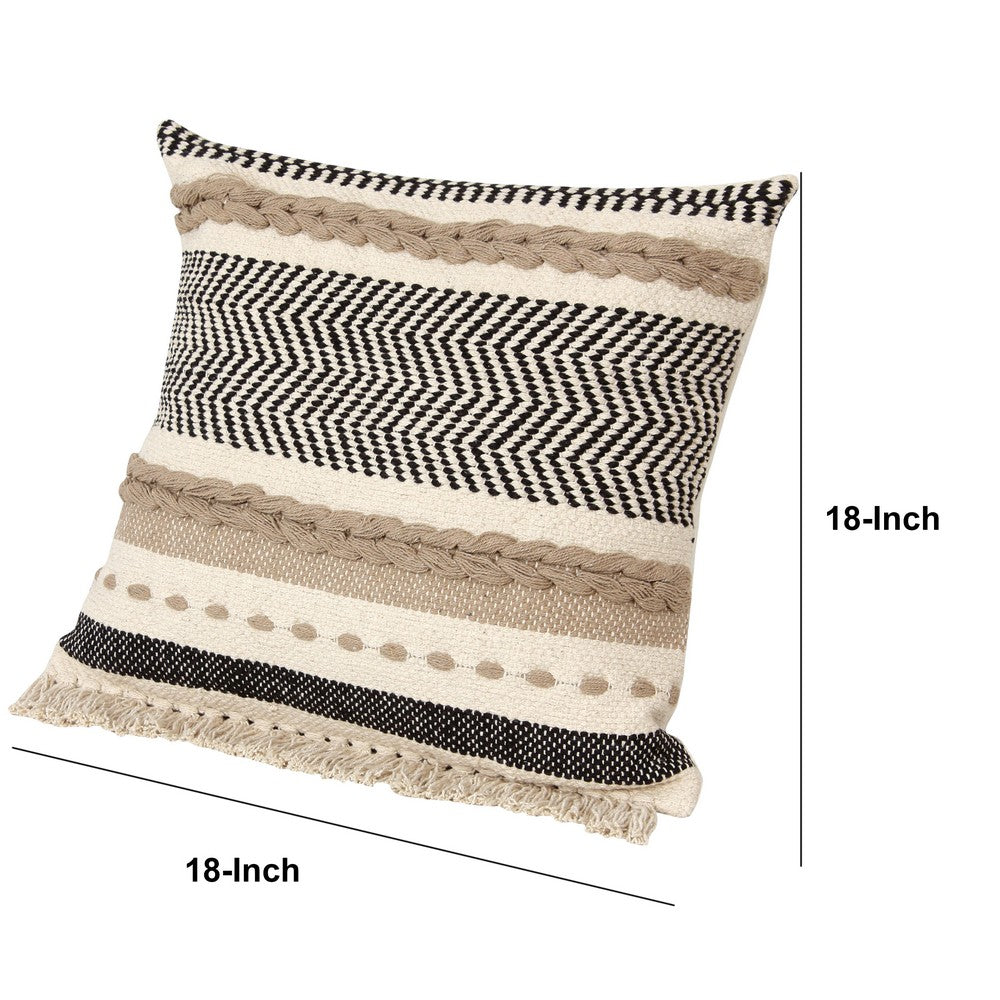 18 x 18 Square Cotton Bohemian Style Decorative Accent Throw Pillow with Herringbone Pattern, Beige, Black - UPT-273481
