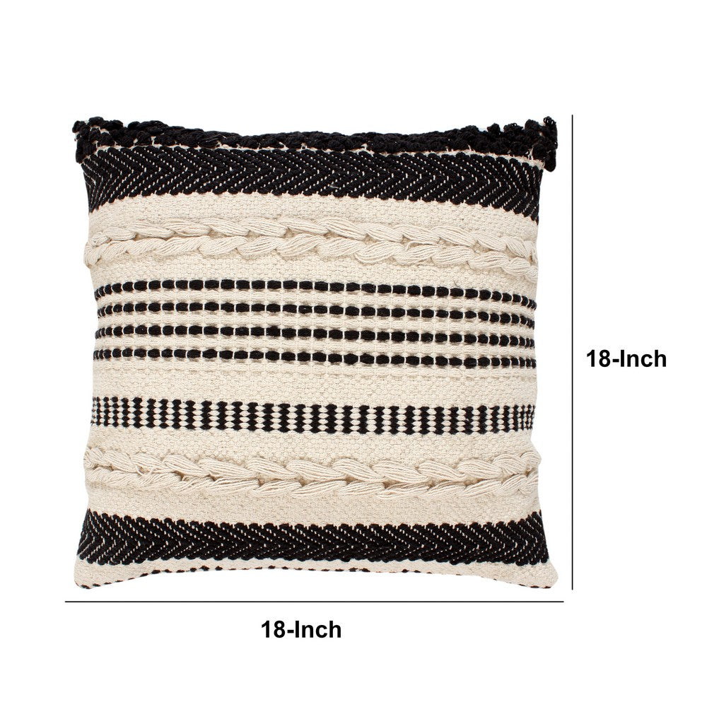 18 x 18 Square Cotton Decor Accent Throw Pillow, Herringbone Design, Embroidery, Cream, Set of 2, Black - UPT-273482