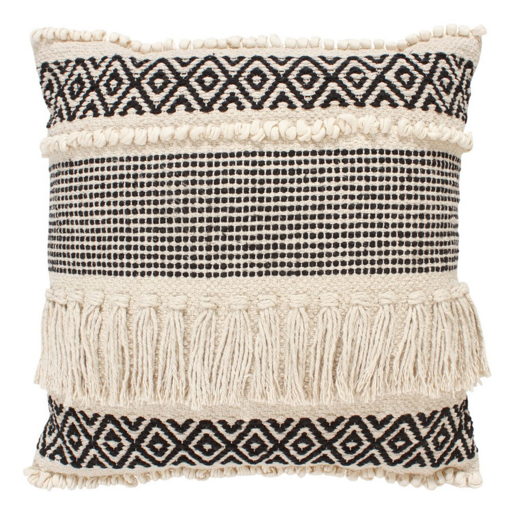 18 x 18 Fringed Square Cotton Boho Style Accent Throw Pillow, Diamond Pattern, Set of 2, Black, White - UPT-273484