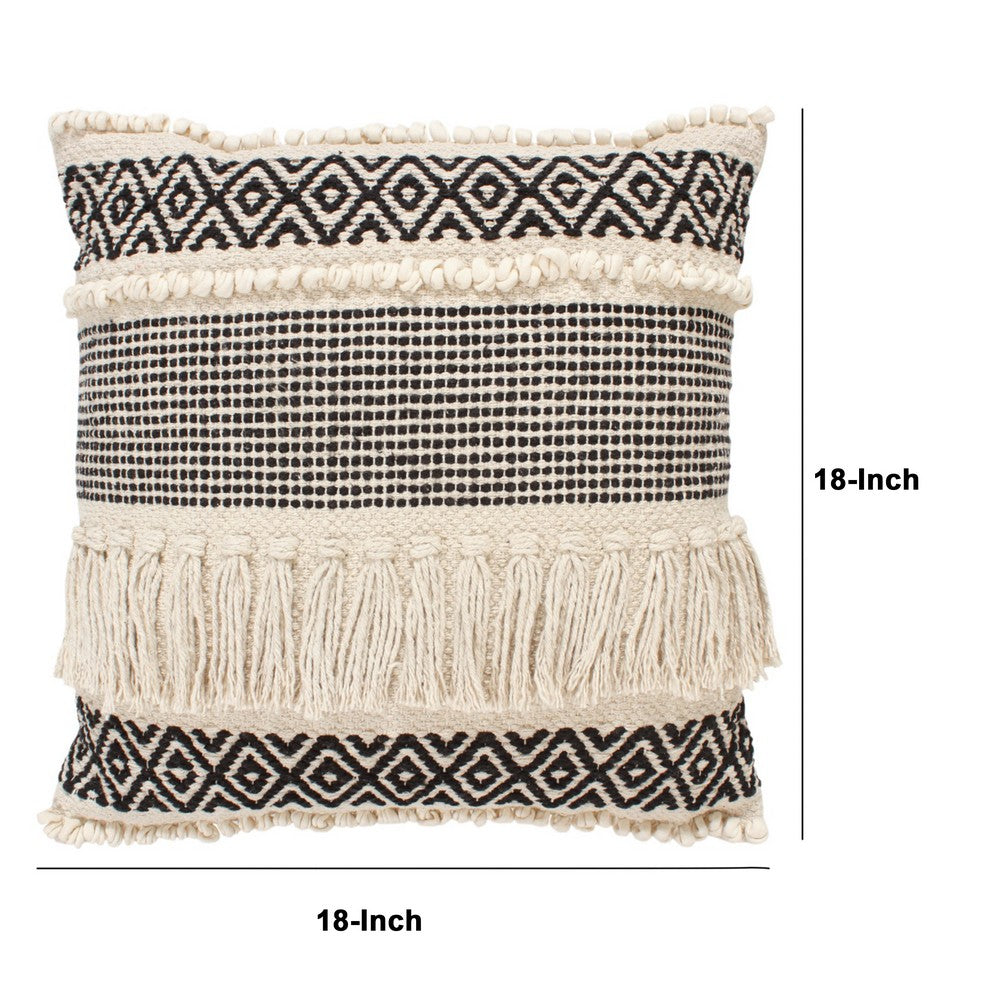 18 x 18 Fringed Square Cotton Boho Style Accent Throw Pillow, Diamond Pattern, Set of 2, Black, White - UPT-273484