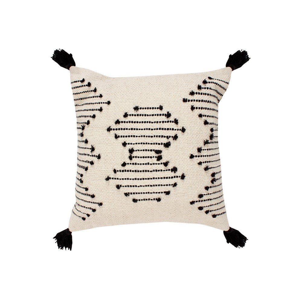 18 x 18 Square Cotton Accent Throw Pillow, Abstract Line Art, Bohemian Style Tassels, White, Black - UPT-273485