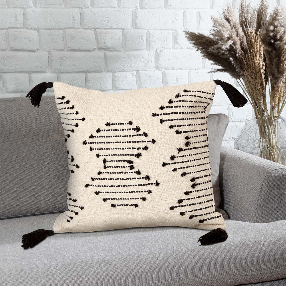 18 x 18 Square Cotton Accent Throw Pillow, Abstract Line Art, Bohemian Style Tassels, White, Black - UPT-273485