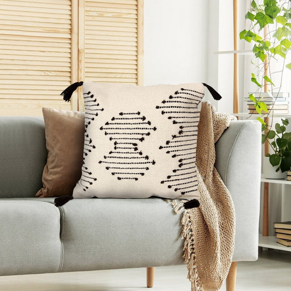 18 x 18 Square Cotton Accent Throw Pillow, Abstract Line Art, Bohemian Style Tassels, White, Black - UPT-273485