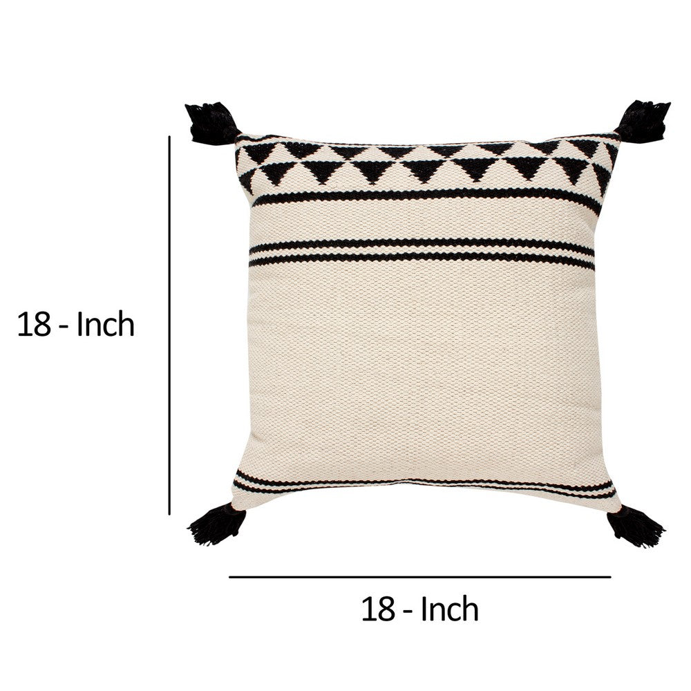 18 x 18 Square Cotton Accent Throw Pillow with Simple Striped Pattern and Tassels, Set of 2, White and Black - UPT-273486