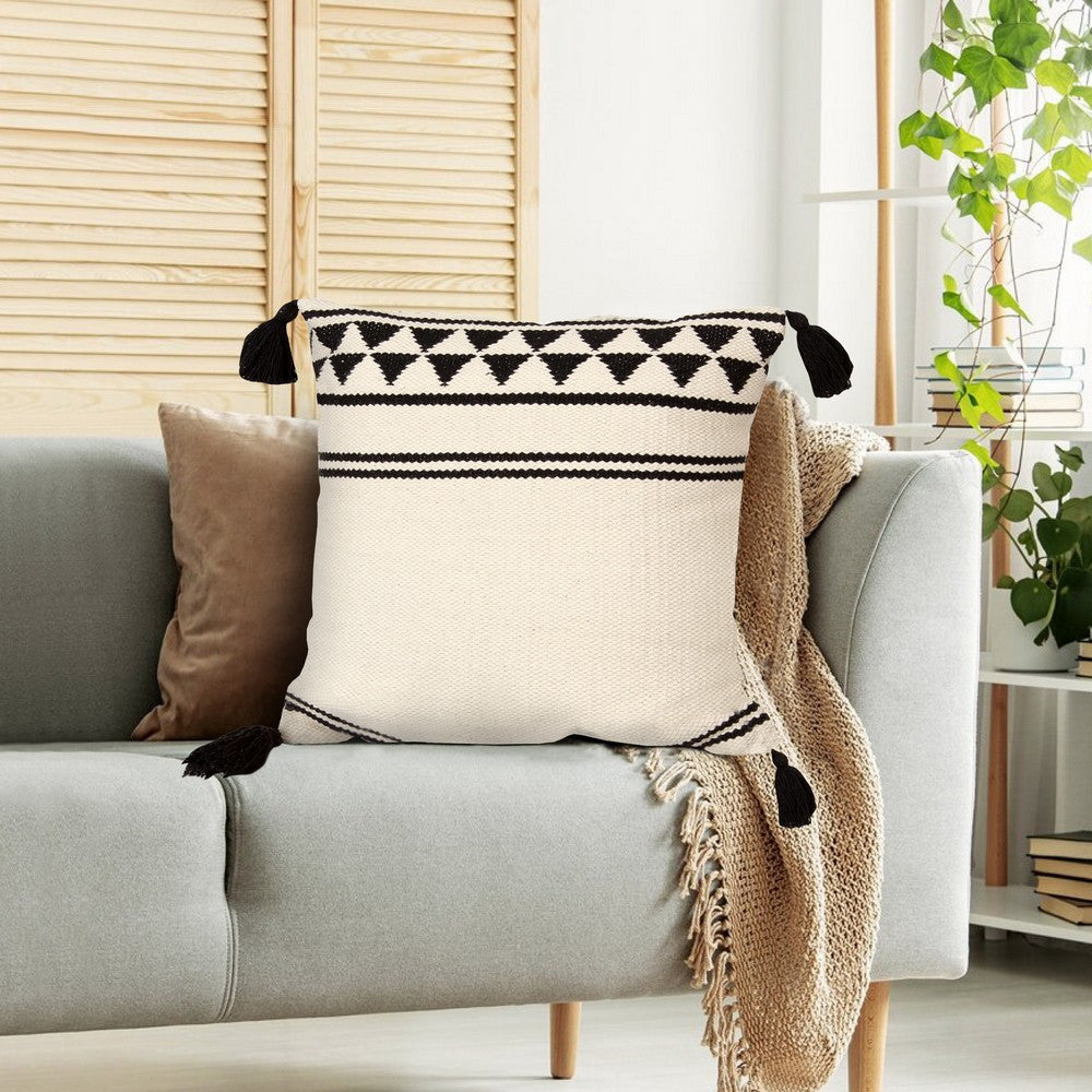 18 x 18 Square Cotton Accent Throw Pillow with Simple Striped Pattern and Tassels, Set of 2, White and Black - UPT-273486