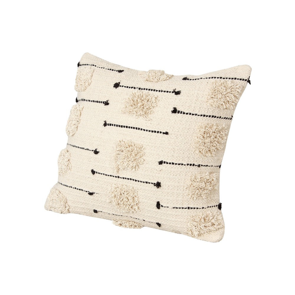 18 x 18 Square Cotton Accent Throw Pillow, Trimmed Shaggy Fringe Accents, Set of 2, Beige, Black - UPT-273488