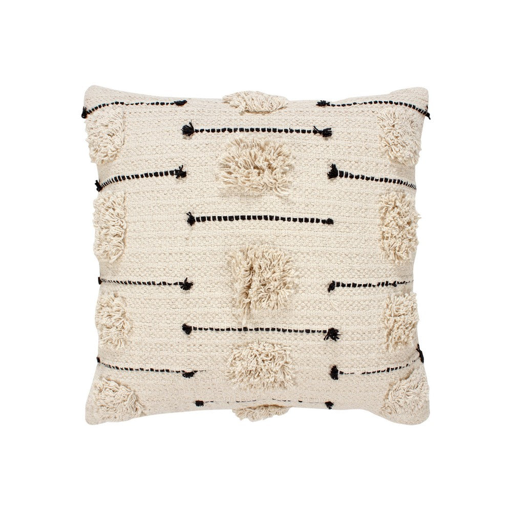 18 x 18 Square Cotton Accent Throw Pillow, Trimmed Shaggy Fringe Accents, Set of 2, Beige, Black - UPT-273488