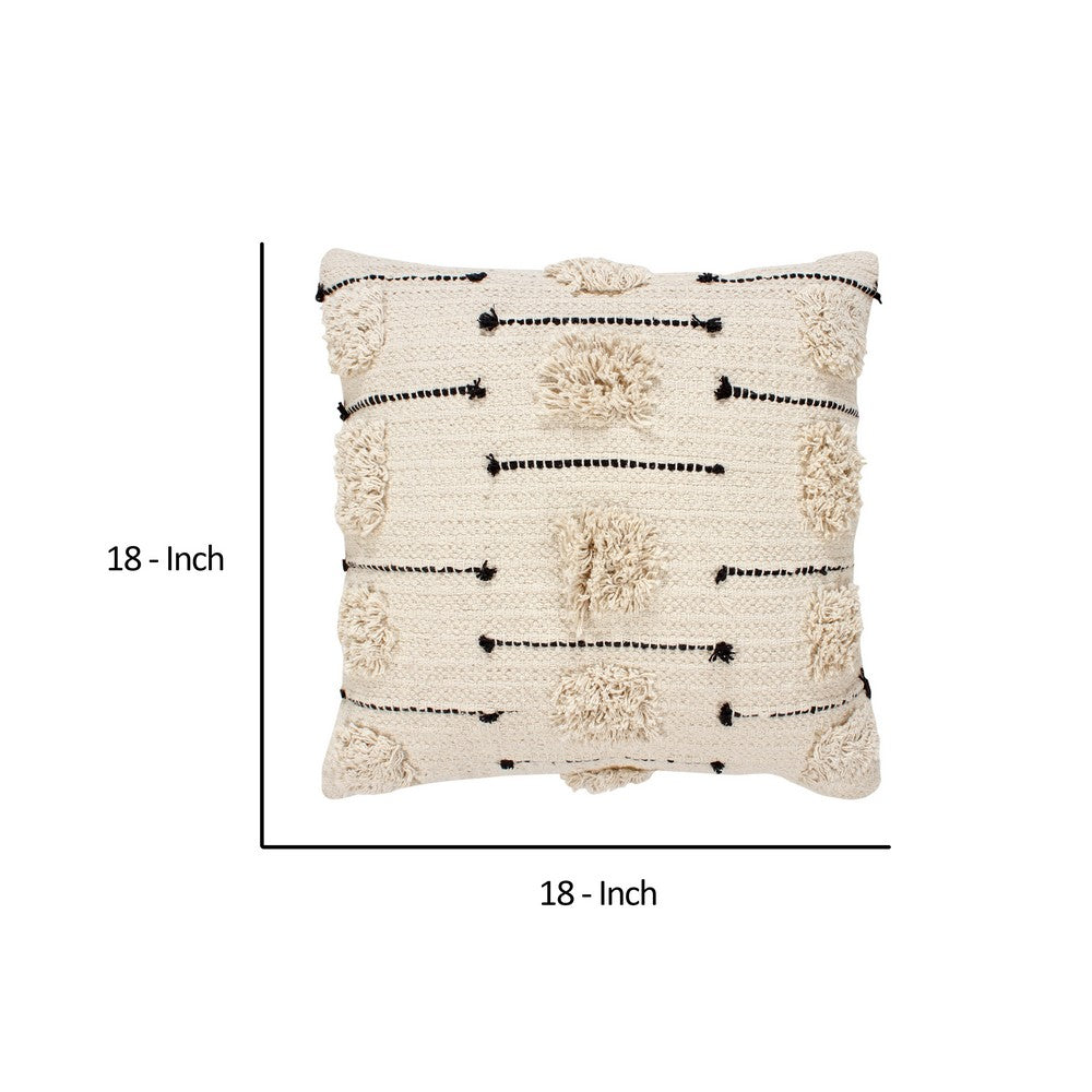 18 x 18 Square Cotton Accent Throw Pillow, Trimmed Shaggy Fringe Accents, Set of 2, Beige, Black - UPT-273488