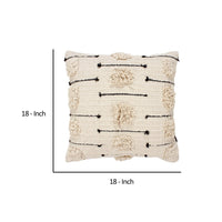 18 x 18 Square Cotton Accent Throw Pillow, Trimmed Shaggy Fringe Accents, Set of 2, Beige, Black - UPT-273488