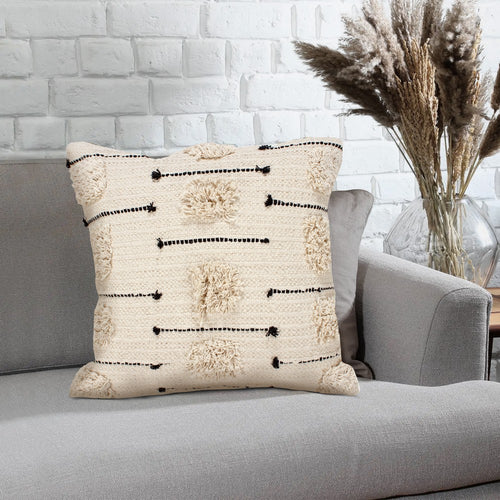 18 x 18 Square Cotton Accent Throw Pillow, Trimmed Shaggy Fringe Accents, Set of 2, Beige, Black - UPT-273488