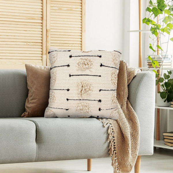 18 x 18 Square Cotton Accent Throw Pillow, Trimmed Shaggy Fringe Accents, Set of 2, Beige, Black - UPT-273488