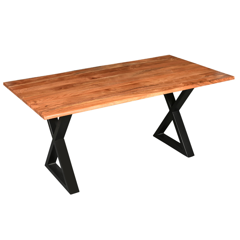 67 Inch Rectangular Dining Table with Crossed Black Metal Legs and Natural Brown Faux Live Edge Acacia Wood Top - UPT-273760