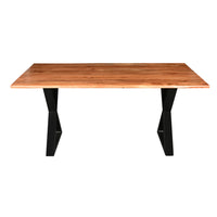 67 Inch Rectangular Dining Table with Crossed Black Metal Legs and Natural Brown Faux Live Edge Acacia Wood Top - UPT-273760