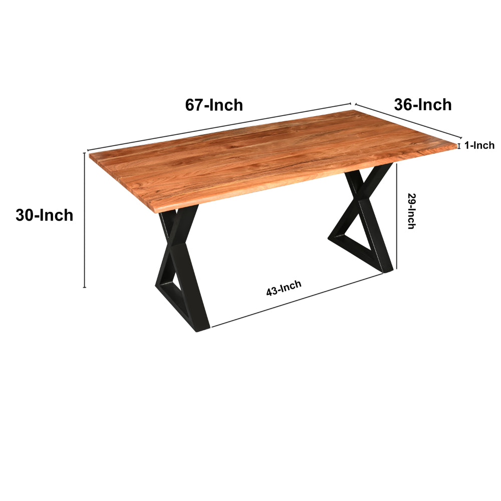 67 Inch Rectangular Dining Table with Crossed Black Metal Legs and Natural Brown Faux Live Edge Acacia Wood Top - UPT-273760