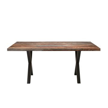 70 Inch Handcrafted Dining Table, Solid Rosewood Rectangular Top with X Shape Iron Legs, 2 Tone, Brown and Black -UPT-273761