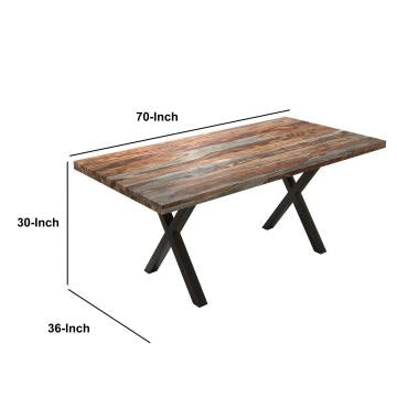 70 Inch Handcrafted Dining Table, Solid Rosewood Rectangular Top with X Shape Iron Legs, 2 Tone, Brown and Black -UPT-273761