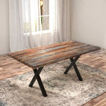 70 Inch Handcrafted Dining Table, Solid Rosewood Rectangular Top with X Shape Iron Legs, 2 Tone, Brown and Black -UPT-273761