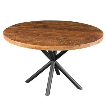 48 Inch Handcrafted Dining Table, Solid Mango Wood Round Top with Iron Crisscrossed Legs, Natural Brown and Black - UPT-273762