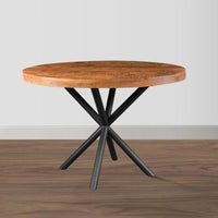 48 Inch Handcrafted Dining Table, Solid Mango Wood Round Top with Iron Crisscrossed Legs, Natural Brown and Black - UPT-273762