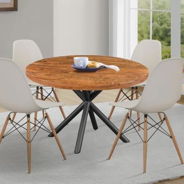 48 Inch Handcrafted Dining Table, Solid Mango Wood Round Top with Iron Crisscrossed Legs, Natural Brown and Black - UPT-273762