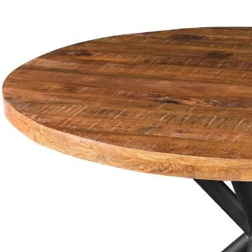 48 Inch Handcrafted Dining Table, Solid Mango Wood Round Top with Iron Crisscrossed Legs, Natural Brown and Black - UPT-273762