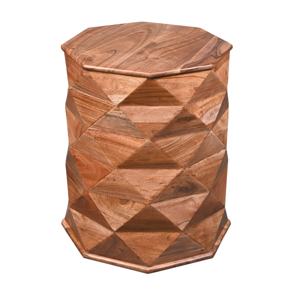 23 Inch Handcrafted Drum Side Accent Table with a Multifaceted Diamond Cut Design, Natural Brown Acacia Wood - UPT-274766