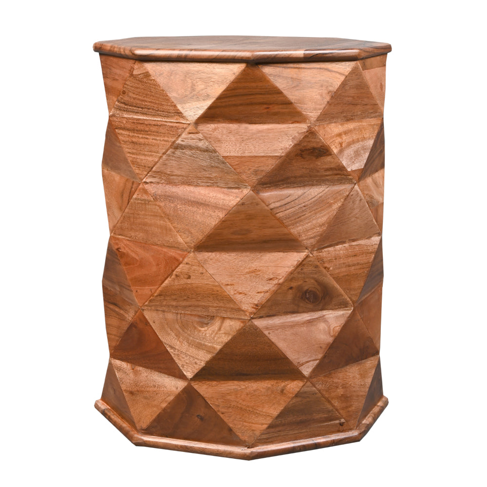 23 Inch Handcrafted Drum Side Accent Table with a Multifaceted Diamond Cut Design, Natural Brown Acacia Wood - UPT-274766