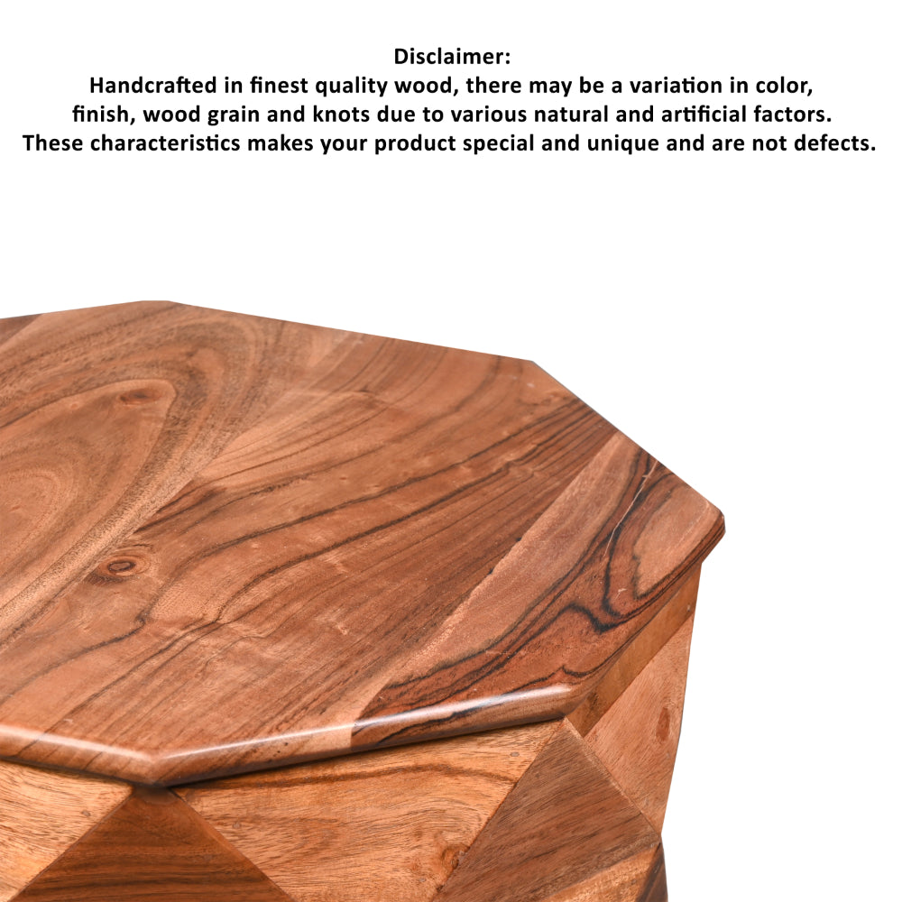 23 Inch Handcrafted Drum Side Accent Table with a Multifaceted Diamond Cut Design, Natural Brown Acacia Wood - UPT-274766