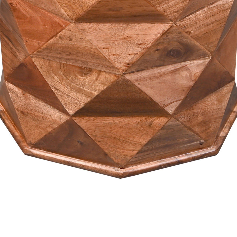 23 Inch Handcrafted Drum Side Accent Table with a Multifaceted Diamond Cut Design, Natural Brown Acacia Wood - UPT-274766