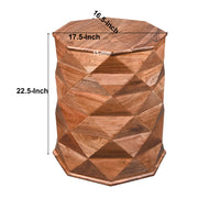 23 Inch Handcrafted Drum Side Accent Table with a Multifaceted Diamond Cut Design, Natural Brown Acacia Wood - UPT-274766